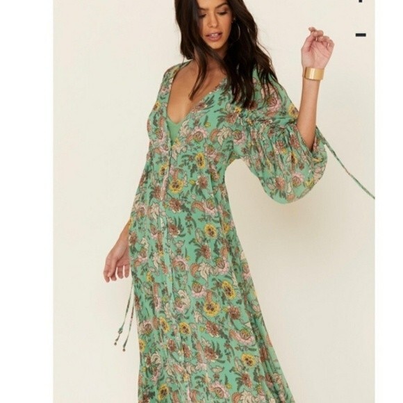 Free People Earthfolk Button Front V-neck Ruched Sleeve Maxi Floral Print Dress - Picture 2 of 15